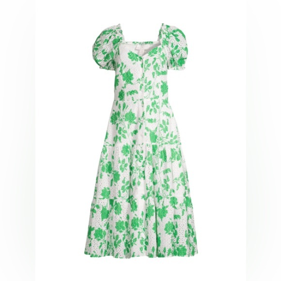 Rachel Parcell | Stencil Floral Eyelet Puff Sleeve Midi Dress Foliage Green - Picture 9 of 12